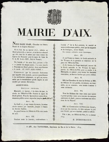 Nous maire d’Aix... vu la loi du 19 janvier 1816, relative au deuil général du 21 janvier / Mairie d'Aix