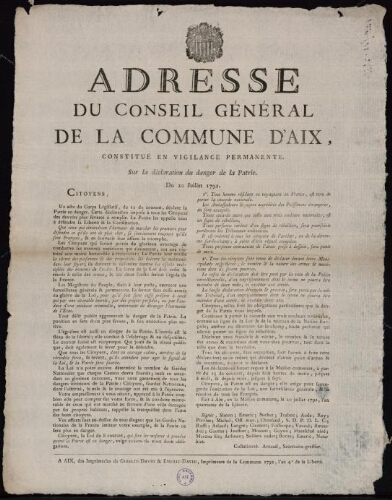 Adresse du conseil général de la commune d'Aix, constitué  en vigilance permanente. Sur la déclaration du danger de la patrie / [Mairie d’Aix]
