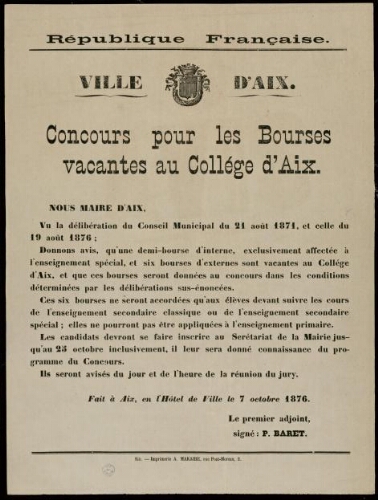 Concours pour les bourses vacantes au collège d'Aix / Ville d’Aix