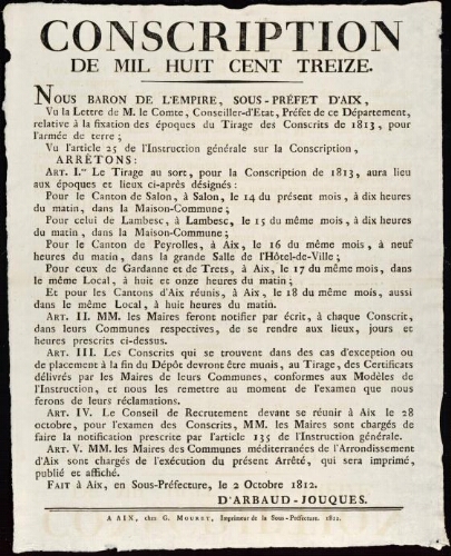 Conscription de mil huit cent treize. Sous-préfecture des Bouches-du-Rhône