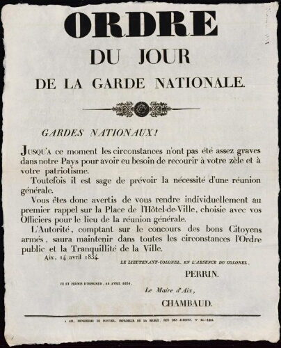 Ordre du jour / Garde nationale d'Aix