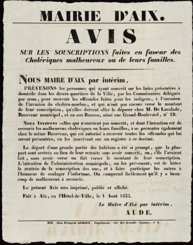 Avis sur les souscriptions faites en faveur des cholériques malheureux ou de leurs familles  / Mairie d'Aix