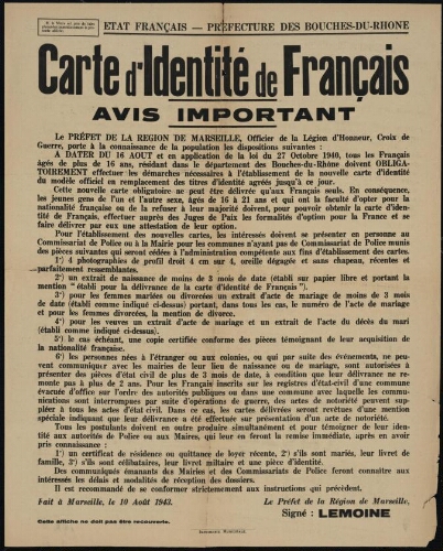 Carte d'identité de Français. Avis important / Préfecture des Bouches-du-Rhône