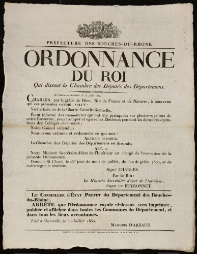 Ordonnance du roi qui dissout la chambre des députés des départemens (sic) / Préfecture des Bouches-du-Rhône