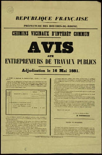 Chemins vicinaux d'intérêt commun : avis aux entrepreneurs de travaux publics. Adjudication le 16 mai 1881 / Préfecture des Bouches-du-Rhône