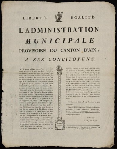 L’administration municipale provisoire du canton d'Aix, à ses concitoyens