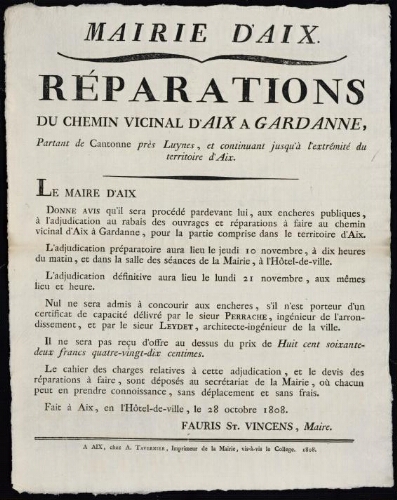 Réparations du chemin vicinal d'Aix à Gardanne, partant de Cantonne près Luynes, et continuant jusqu'à l'extrêmité du territoire d'Aix / Mairie d'Aix