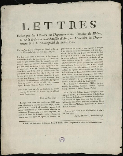 Lettres écrites par les députés du département des Bouches-du-Rhône...