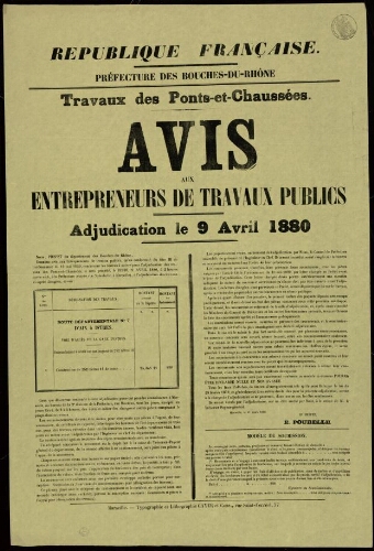 Travaux des ponts-et-chaussées : avis aux entrepreneurs de travaux publics. Adjudication le 9 avril 1880 / Préfecture des Bouches-du-Rhône