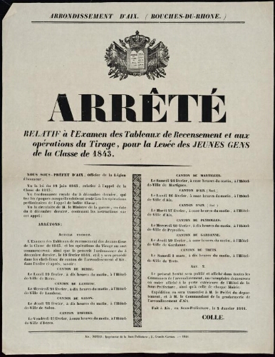 Arrêté relatif à l'examen des tableaux de recensement et aux opérations du tirage, pour la levée des jeunes gens de la classe de 1843 / Mairie d'Aix
