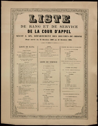 Liste de rang et de service de la cour d'appel séant à Aix, département des Bouches-du-Rhône pour servir du 15 octobre 1898 au 15 octobre 1899
