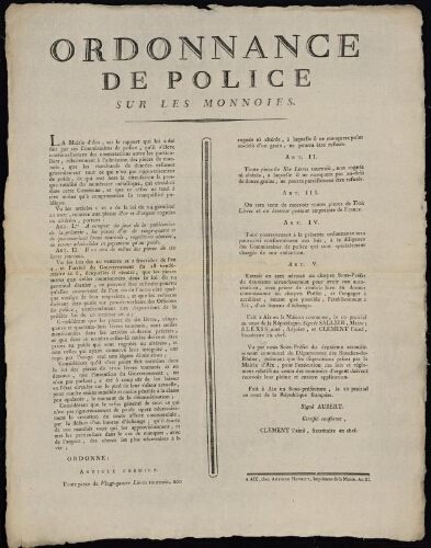 Ordonnance de police sur les monnoies / Sous-préfecture du deuxième arrondissement communal du département des Bouches-du-Rhône