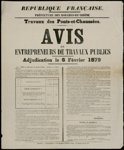 Travaux des Ponts-et-Chaussées : avis aux entrepreneurs de travaux publics. Adjudication du 6 février 1879 / Préfecture des Bouches-du-Rhône