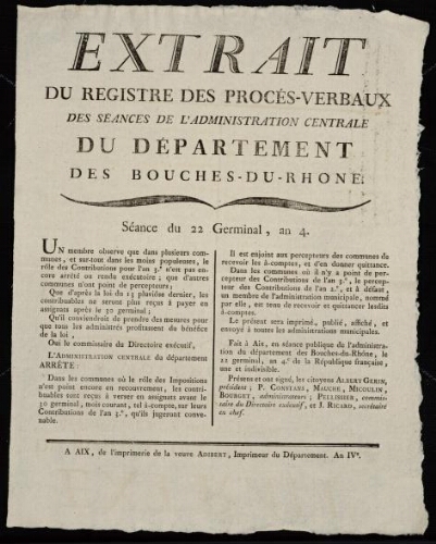Extrait du registre des procès-verbaux des séances de l'Administration centrale du département des Bouches-du-Rhône