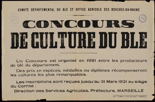 Concours de culture du blé / Comité départemental du blé et office agricole des Bouches-du-Rhône