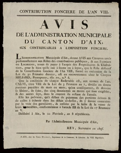 Avis de l'administration municipale du canton d'Aix, aux contribuables à l'imposition foncière