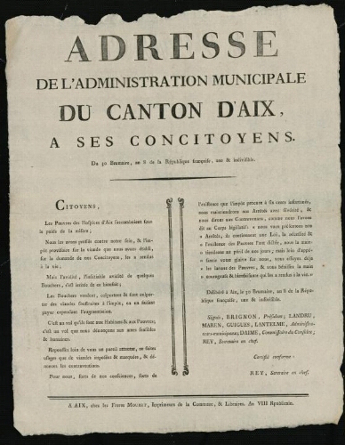 Adresse de l'Administration municipale du Canton d'Aix, à ses concitoyens