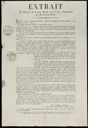 Extrait des registres de la Cour royale séant à Aix, département des Bouches-du-Rhône / Cour royale d'Aix