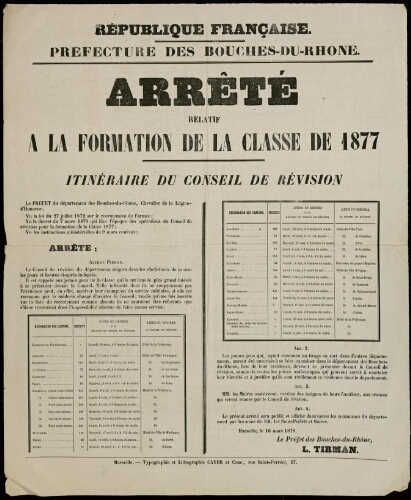 Arrêté relatif à la formation de la classe de 1877. Itinéraire du conseil de révision / Préfecture des Bouches-du-Rhône