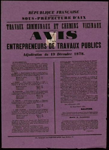 Travaux communaux  et chemins vicinaux : avis aux entrepreneurs de travaux publics. Adjudication du 19 décembre 1878 / Sous-préfecture d'Aix