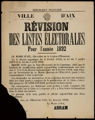 Révision des listes électorales pour l'année 1892 / Ville d’Aix