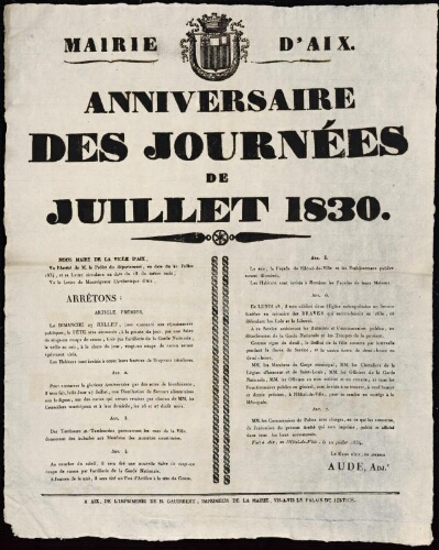 Anniversaire des journées de juillet 1830  / Mairie d'Aix