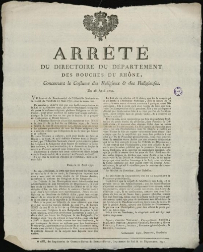 Arrêté du Directoire du Département des Bouches-du-Rhône, concernant le costume des religieux & religieuses