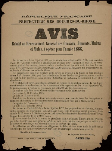 Avis relatif au recensement général des chevaux, juments, mulets et mules, à opérer pour l'année 1886 / Préfecture des Bouches-du-Rhône