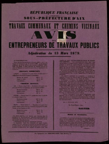 Travaux communaux et chemins vicinaux. Avis aux entrepreneurs de travaux publics. Adjudication du 13 mars 1879 / Sous-préfecture d'Aix