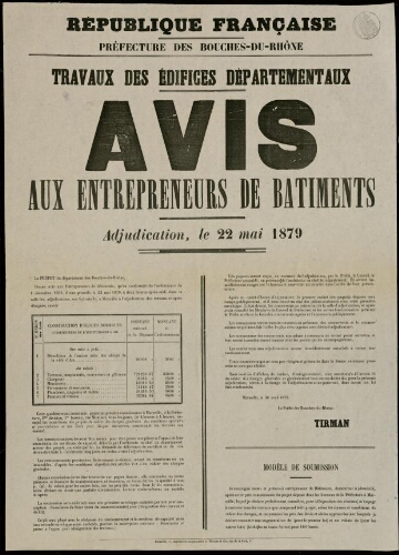 Travaux des édifices départementaux : avis aux entrepreneurs de bâtiments. Adjudication, le 22 mai 1879 / Préfecture des Bouches-du-Rhône