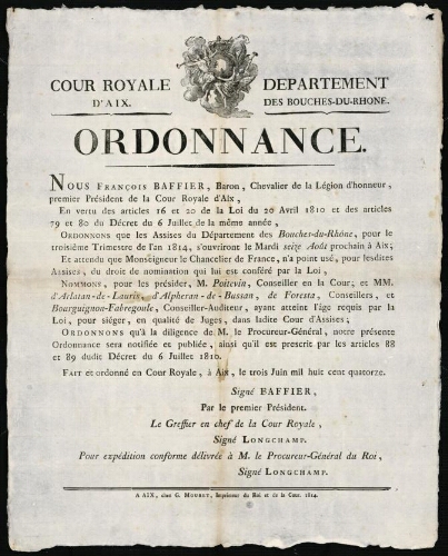 Ordonnance / Cour royale d'Aix. Département des Bouches-du-Rhône