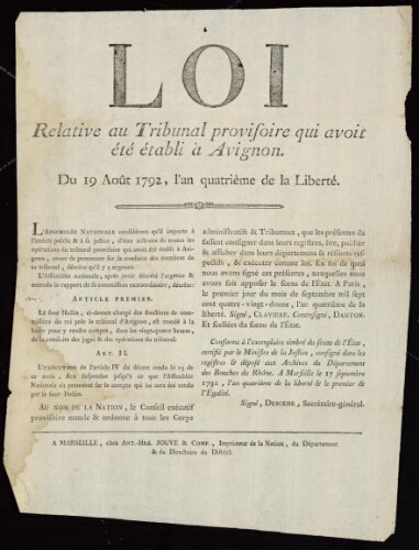 Loi relative au tribunal provisoire qui avoit été établi à Avignon. Du 19 août 1792, l'an quatrième de la liberté