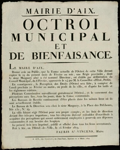 Octroi municipal et de bienfaisance / Mairie d'Aix