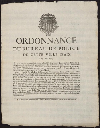 Ordonnance du bureau de Police de cette ville d'Aix du 15 mars 1749