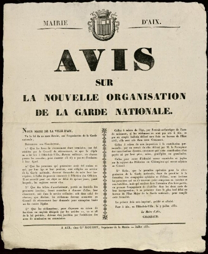 Avis sur la nouvelle organisation de la Garde nationale / Mairie d'Aix