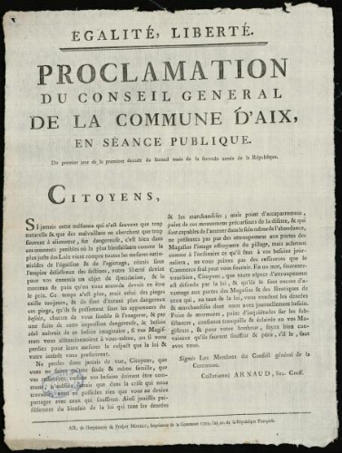 Proclamation du conseil général de la commune d'Aix, en séance publique