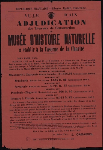 Adjudication des travaux de construction du Musée d'histoire Naturelle à établir à la Caserne de la Charité / Mairie d'Aix