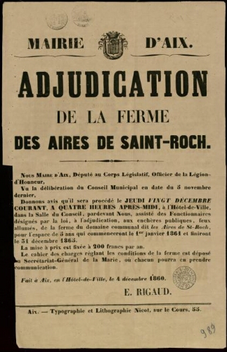 Adjudication de la ferme des Aires de Saint-Roch / Mairie d'Aix