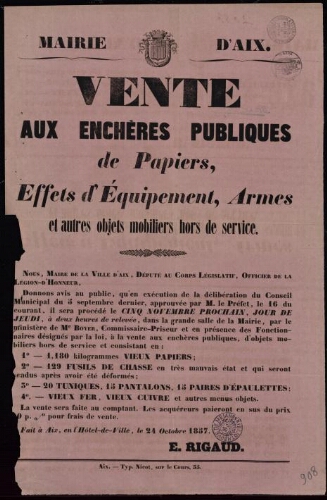 Vente aux enchères publiques de papiers, effets d'équipement, armes et autres objets mobiliers hors de service / Mairie d'Aix