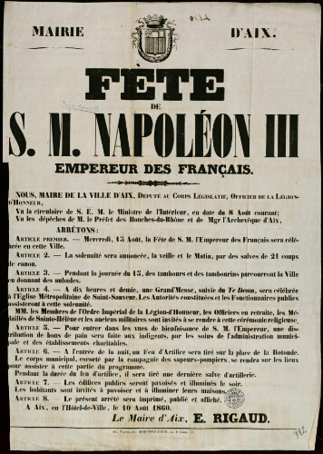 Fête de S. M. Napoléon III Empereur des Français / Mairie d'Aix