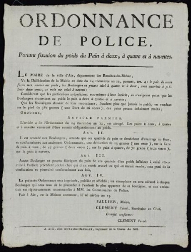 Ordonnance de Police, portant fixation du poids du pain à deux, à quatre et à navettes / [Mairie d’Aix]