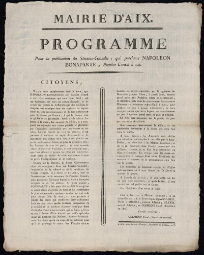 Programme pour la publication du Sénatus-Consulte, qui proclame Napoléon Bonaparte, premier consul à vie / Mairie d'Aix