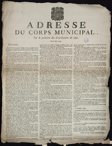 Adresse du corps municipal. Sur le paiement des contributions de 1791. / [Mairie d’Aix]
