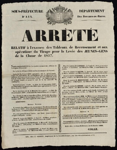 Arrêté relatif à l'examen des tableaux de recensement et aux opérations du tirage pour la levée des jeunes gens de la classe de 1837  / Sous-préfecture d'Aix