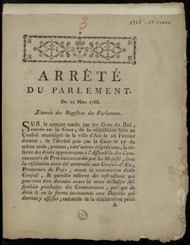 Arrêté du parlement. Extrait des registres du parlement du 12 mars 1788