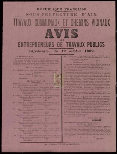 Travaux communaux et chemins vicinaux : avis aux entrepreneurs de travaux publics. Adjudication du 12 octobre 1882 / Sous-préfecture d'Aix