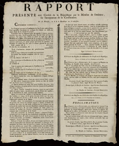 Rapport présenté aux consuls de la république par le ministre de l'Intérieur sur l'acceptation de la constitution / Lucien Bonaparte, ministre de l’Intérieur