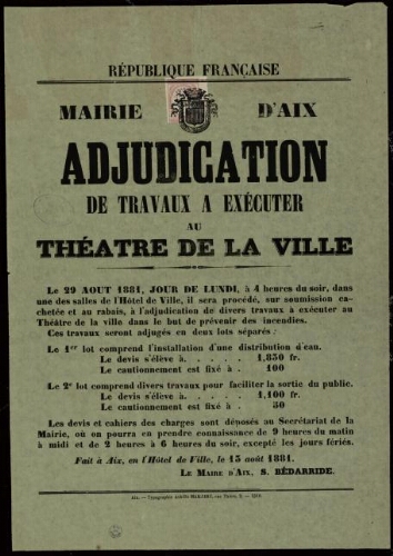 Adjudication de travaux à exécuter au théâtre de la ville / Ville d’Aix