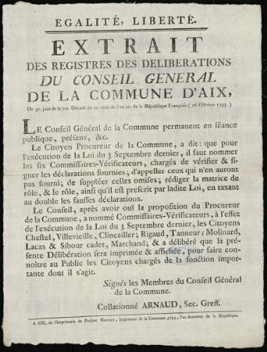 Extrait des registres des deliberations du conseil général de la commune d'Aix