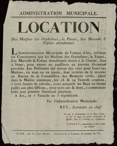 Location des maisons des Orphelines, la Pureté, S.te Marcelle & enfans abandonnés / Administration municipale du Canton d'Aix